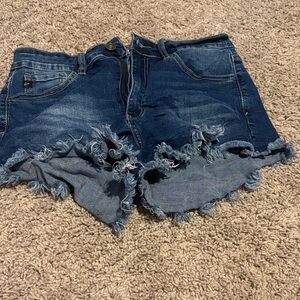 Frayed Hem Dark Blue Denim Women's Shorts